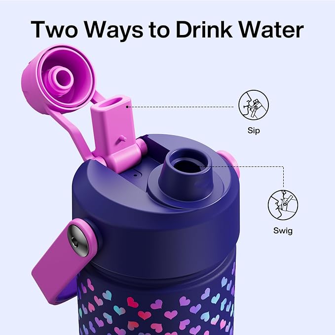 ENCOOL Insulated Water Bottle with Straw Stainless Steel Water Bottle, Glow in the Dark, Leak-Proof, BPA-Free, Keeps Cold for 24 Hours for Sports, Travel, School (26 oz, Heartfield)