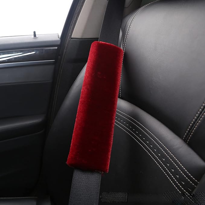 1 Set 6 Pcs Fluffy Car Steering Wheel Cover & Seat Belt Shoulder Pads & Handbrake Cover & Gear Shift Cover Set & Seat Belt Shoulder Pads Faux Wool Universal Fit Car Interior Accessories (Wine Red)
