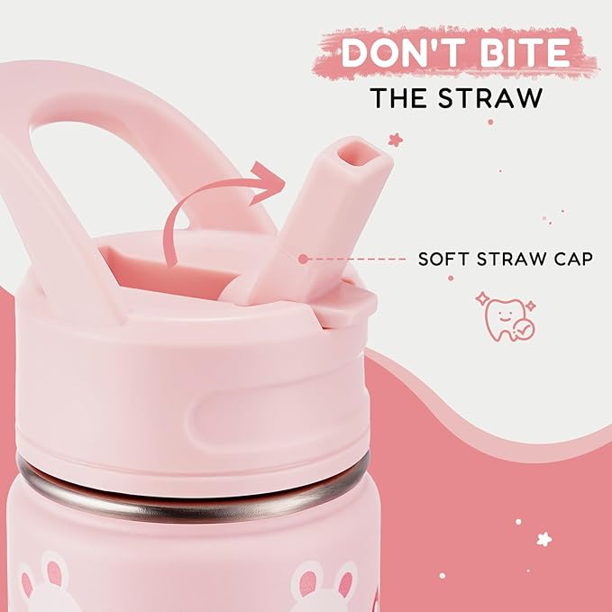 12oz Water Bottle for School, Bottles with Straws, Stainless Steel Vacuum Insulated Water Bottle, Leak-Proof, BPA-Free, Pink Rabbit