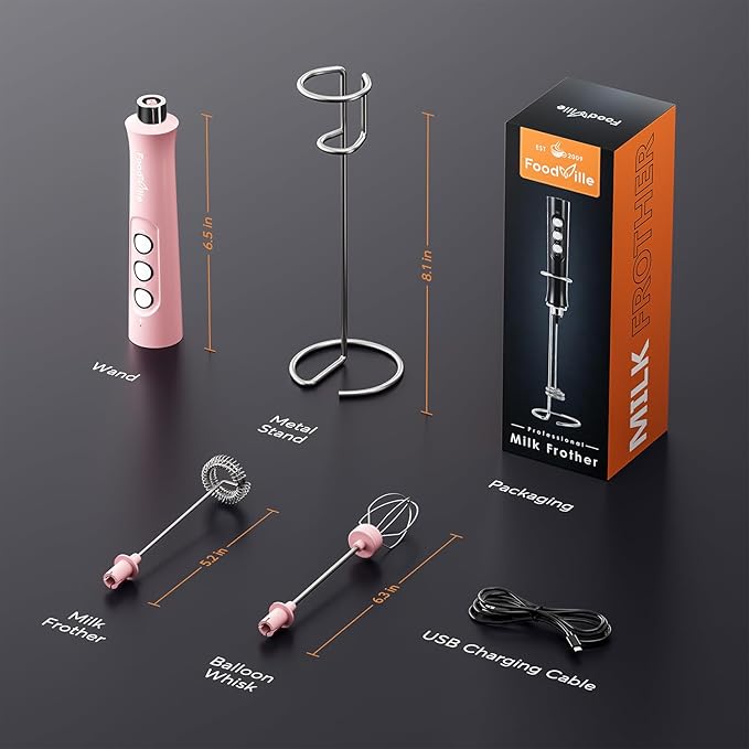 MF02 Rechargeable Milk Frother Handheld Foam Maker with Stainless Whisk for Cappuccino, Latte, Bulletproof Coffee, Keto Diet, Protein Powder, Matcha (Coral Pink)