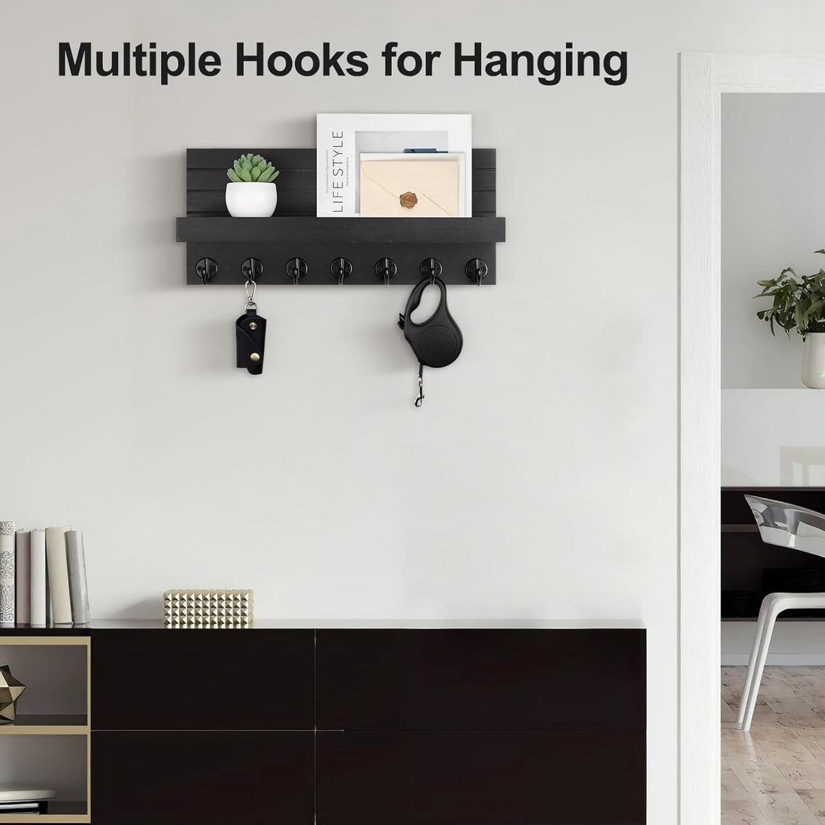 Key Holder Wall Mount, Entryway Key and Mail Holder with 7 Sturdy Hooks for Sunglasses, Dog Leash, Decorative Wall Shelf with Mounting Hardware, 15”W x 6.7”H x 4.2”D