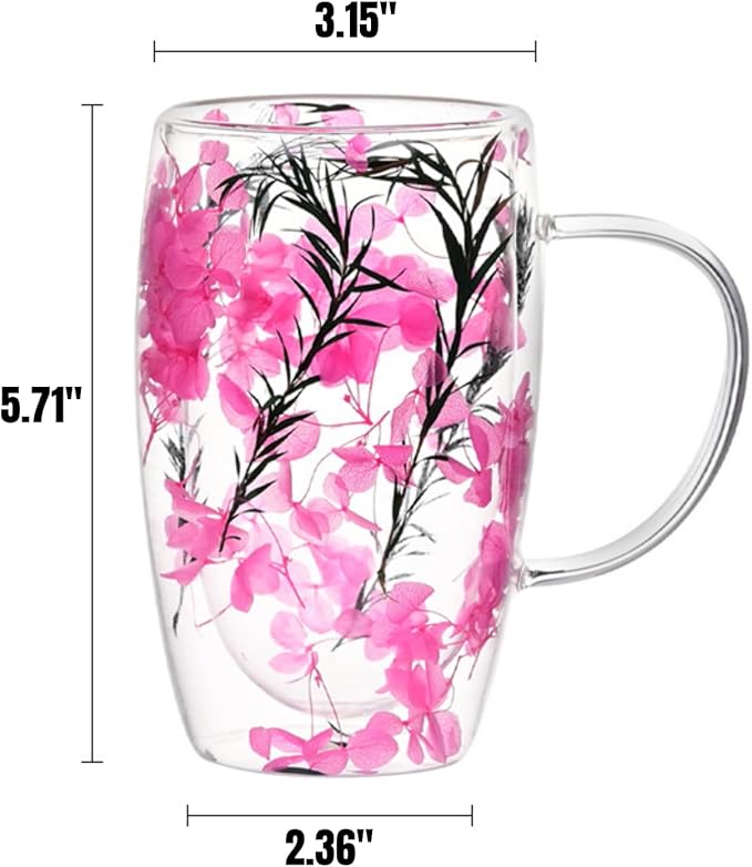 15.22oz, Double Wall Borosilicate Glass Coffee Mug with Heat-Resistant Handle, Insulated Flower Tea Cup, Multi-Color Options (yellow,15.22oz)