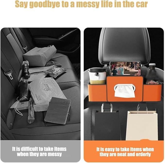 Car Organizers and Storage Box, Car Headrest Organizer Back Seat, Car Multifunctional Seat Back Waterproof Storage Bag, Car Seat Back Storage Box with 2 Cup Holders＆hooks (White, 1pcs)