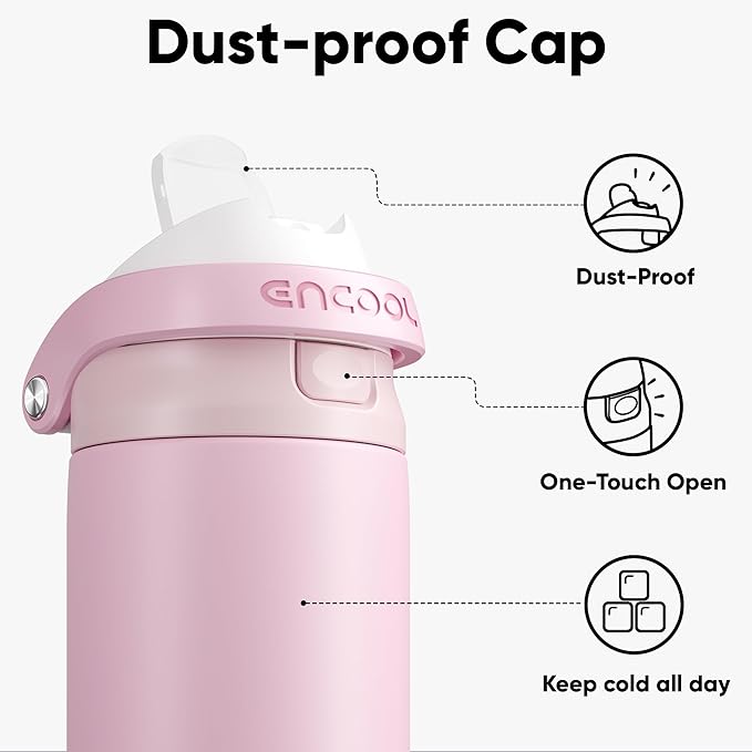 ENCOOL Leakproof Insulated Water Bottle with Straw Dual-Sip Water Bottle Bag-Safe Design for Work, Commute & Gym – Keeps Drinks Cold All Day, 24 oz, Poppy Pink