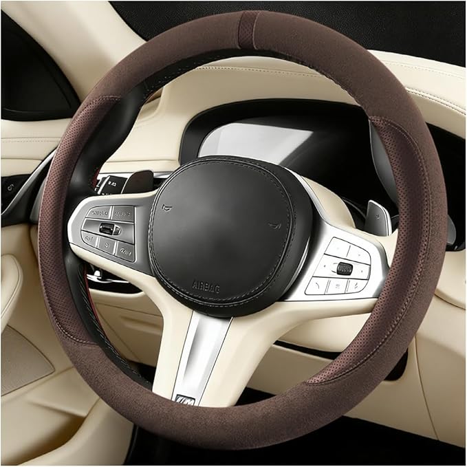 HZEL Car Steering Wheel Cover, Non-Slip Suede Leather Breathable Vehicle Steering Wheel Protector with Inner Ring, Automotive Interior Protective Accessories, Universal Fit (Coffee)
