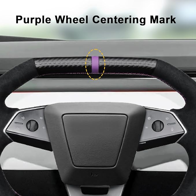 Steering Wheel Cover for Cybertruck Hand Stitching DIY Steering Wheel Cover Black with Dark Purple Center Mark (Upper Lower Carbon Fiber & Alcantara Side Grips)