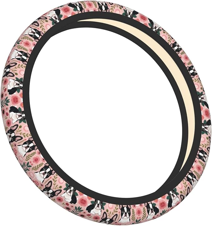 Boston Terrier Vintage Floral Universal Fit Steering Wheel Cover for Car, Truck, and SUV, Durable Steering Wheel Protection