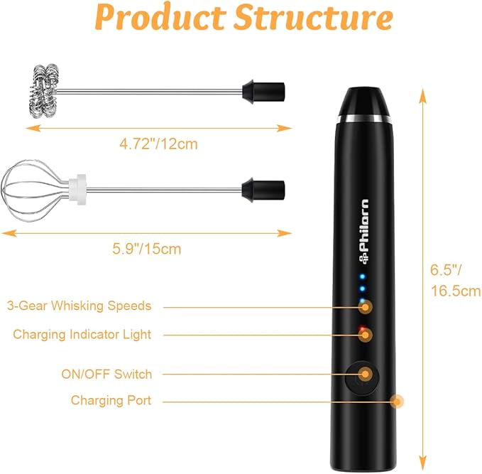Philorn Milk Frother Wand Handheld Rechargeable Electric Whisk Coffee Drink Mixer, Mini Foamer for Lattes, Cappuccino, Frappe, Matcha, Hot Chocolate, Protein Powder, Keto Diet (Black)
