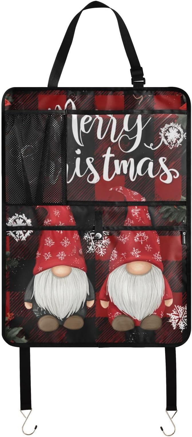 2 Pack Back Seat Car Organizer with Storage Pockets Kick Mats Back Seat Protector Hanging Car Organizer Automotive Seat Back Cover Organizers Red and Black Checkered Christmas Gnomes