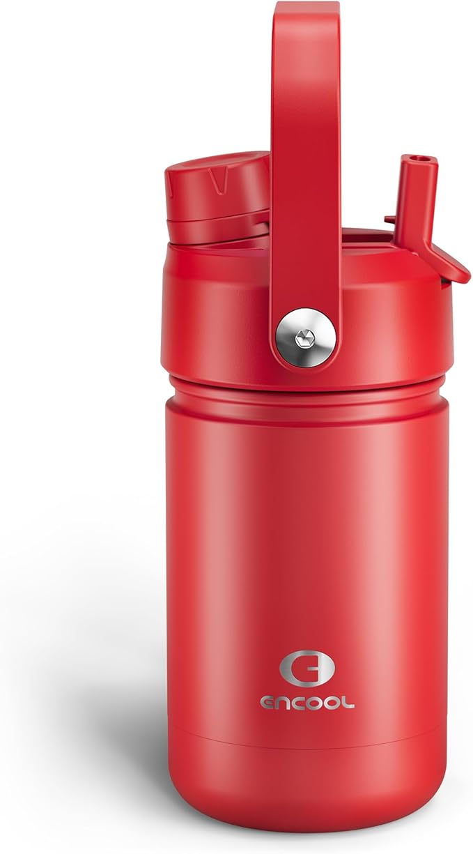 Kids Insulated Water Bottle with Straw - 12oz Stainless Steel Water Bottle with Dual Spouts, Leak-Proof, BPA-Free, Double Wall Vacuum Keeps Cold for 24 Hours for Sports, Travel (Medium Carmine)
