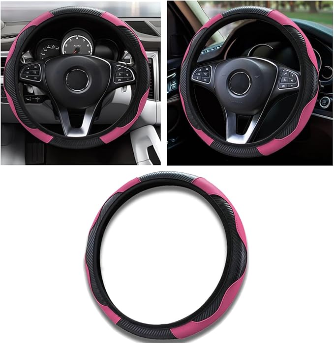 Car Steering Wheel Cover, 15 inch Carbon Fiber Microfiber PU Leather Elastic Steering Wheel Protector for Unisex, Anti-Slip Breathable Car Interior Accessories for Most Cars (Pink)
