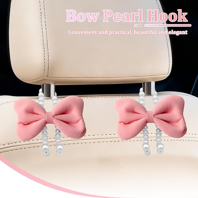 Car Seat Headrest Hook, 2PCS Elegant Bow Pearl Cute Vehicle Back Seat Hanger Hook, Automotive Headrest Storage Organizer for Handbag Purse Coat, Universal for SUV RV Truck (Pink)