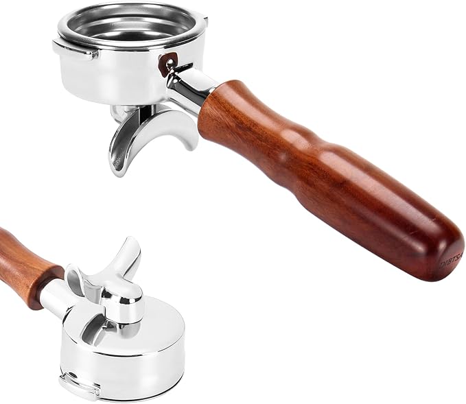 DIBTSA 58mm Espresso Portafilter Compatible with La Marzocco,Double Spouts 2 Ears, Stainless Steel Head and Filter Basket and Wood Handle