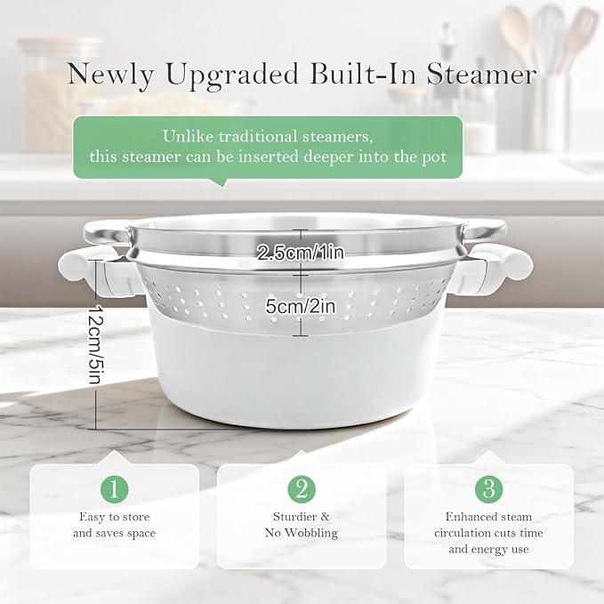 7 QT Steamer Pot for Cooking, Large Steaming Pot with Lid, Nonstick Cooking Pot with Vegetable & Dumpling Steamer Basket, Big Food Steamer Cookware, Induction Compatible, PFOA Free, White