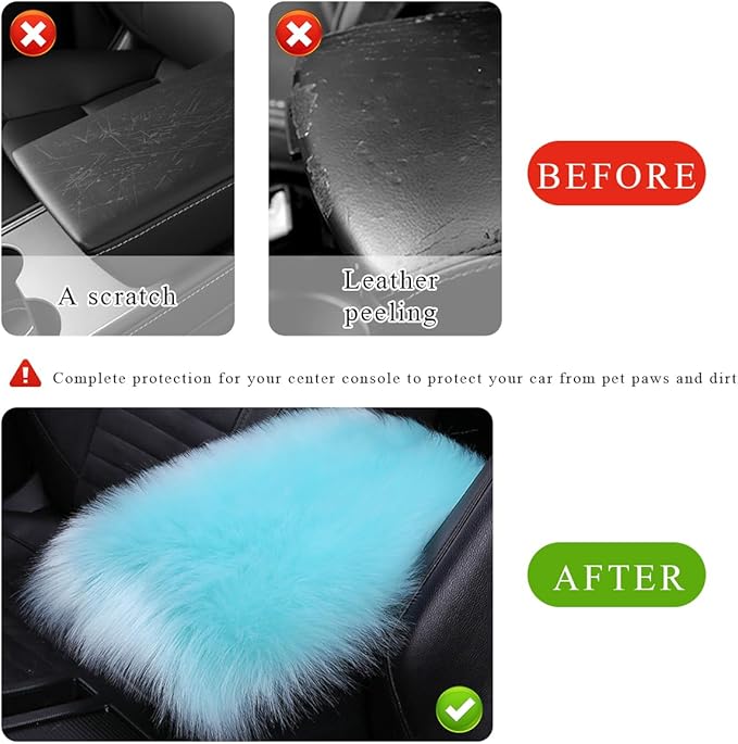 Car Center Console Cover Pad, Fluffy Middle Console Pad Armrest Seat Box Cover, Universal Furry Arm Rest Decoration Protector for Car Truck SUV, Interior Car Accessories (Light Blue)
