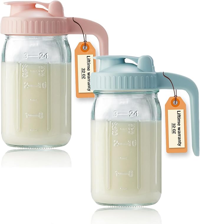 2 Pack 32oz Glass Pitcher with Lid & V-shaped Pour Spout - 1 Quart Double Leak Proof, Creamer Container for Sun Tea, Juice, Cold Brew Coffee, Breastmilk Storage Container