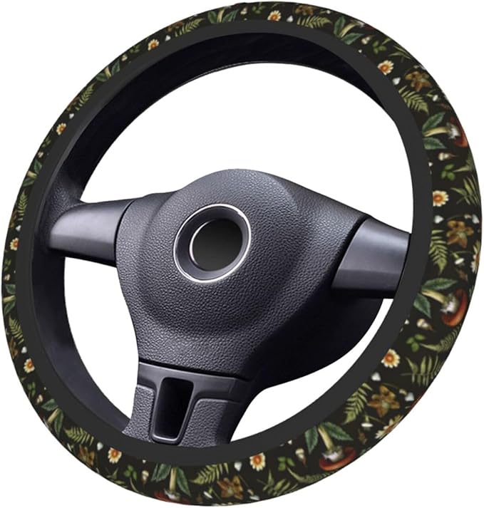 Vintage Woodland Fern Moth Dragonfly Mushroom Amanita Nature Universal Steering Wheel Cover for Men Women, Soft Anti Slip Stretch Neoprene Steering Wheel Covers Car Protector Accessories 15 Inch-Black
