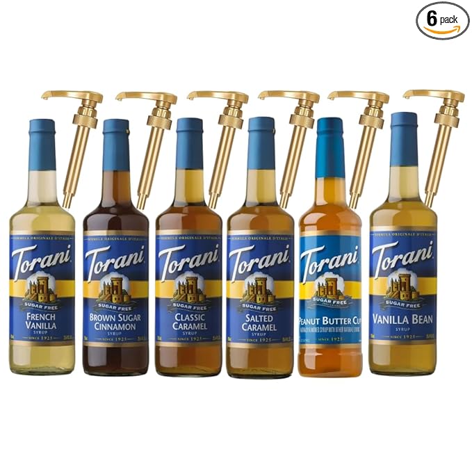 Jimoco Syrup Pump & Torani Syrup Bundle - Sugar Free Salted Caramel, French Vanilla, Brown Sugar Cinnamon, Vanilla Bean, Caramel Classic, Peanut Butter Cup - For Italian Soda Coffee, Lattes, Frappes With 6 Pump Dispensers