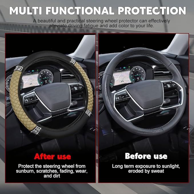 Car Steering Wheel Cover, Steering Wheel Accessories, Breathable Microfiber Leather Auto Wheels Protector, Universal 15 Inch Anti-Slip Protector for SUV Sedan Truck (Bling-Beige)