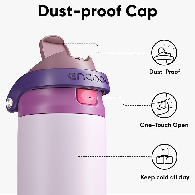 ENCOOL Leakproof Insulated Water Bottle with Straw Dual-Sip Water Bottle Bag-Safe Design for Work, Commute & Gym – Keeps Drinks Cold All Day, 32 oz, Purple Cabbage