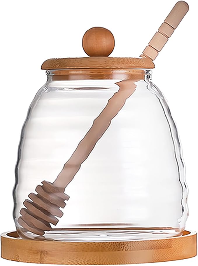 QUUPY 16.7Oz Glass Honey Jar with Dipper and Bamboo Lid Wide Mouth Syrup Containers Dispensers for Coffee Bar Home Kitchen Organization