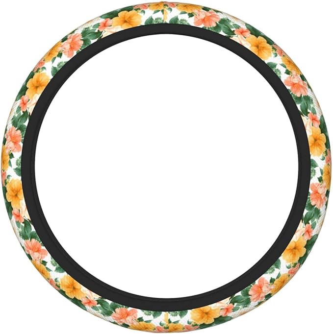 Pastel Peach Yellow Flowers Steering Wheel Cover for Women Men Girls, Accessories Decor Thickened Anti-Slip Auto Steering Wheel Covers Protector Universal Fit 15 Inch for Cars, Truck, SUV