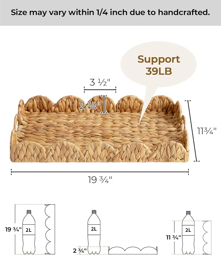 StorageWorks Large Wicker Scalloped Edge Serving Tray, Rectangle Tray with Built-in Handles, Hand-Woven Scalloped Rattan Tray, Wicker Trays for Décor, Natural Water Hyacinth