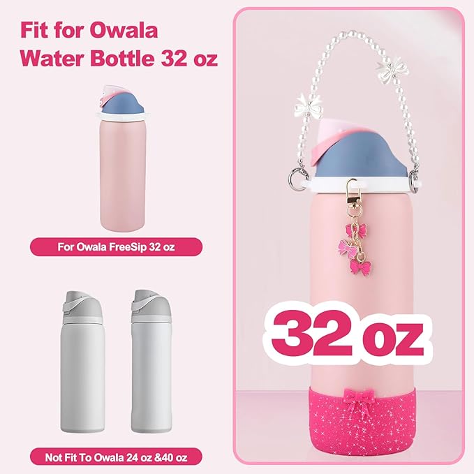 Water Bottle Accessories Set for Owala FreeSip 24oz、32 oz– Includes Pearl Handle Strap, Bow Charms,2.9in .3inch Silicone Bling Boot for Owala Accessories for Women