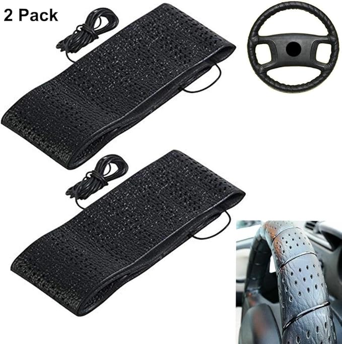 2 Black Lace-On Cover Grip Steering Wheel Stretch Vehicle Auto Classic Accessory, Variable
