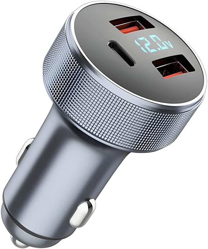 72W Fast Car Charger Adapter, Dual USB Fast Charging Type C Car Charger with LED Display Adapter, QC 3.0 PD Cigarette Lighter Adapter for Laptop Smartphone, 3 in 1 Power Delivery for All Car