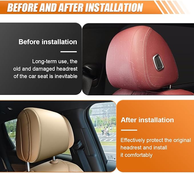 2PCS Car Headrest Covers for Back Seat, Leather Dirt-Proof Car Seat Head Rest Protector with Pocket, All Season Universal Auto Interior Decoration Headrest Organizer for Phone, Key (Beige)