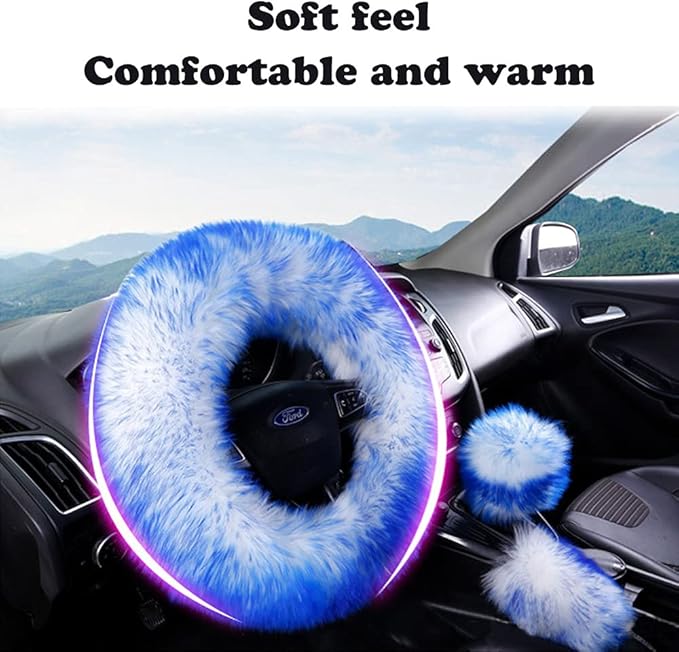 15inches Universal Leather Car Steering Wheel Cover Car Accessories Colorful Fuzzy Steering Wheel Cover Gear Shift Cover Handbrake Cover (Green)