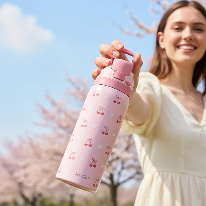 Cherry Insulated Stainless Steel Water Bottle with Straw for Sports and Travel, 32oz, Gifts for Women Girls Friends Teens Birthday Christmas
