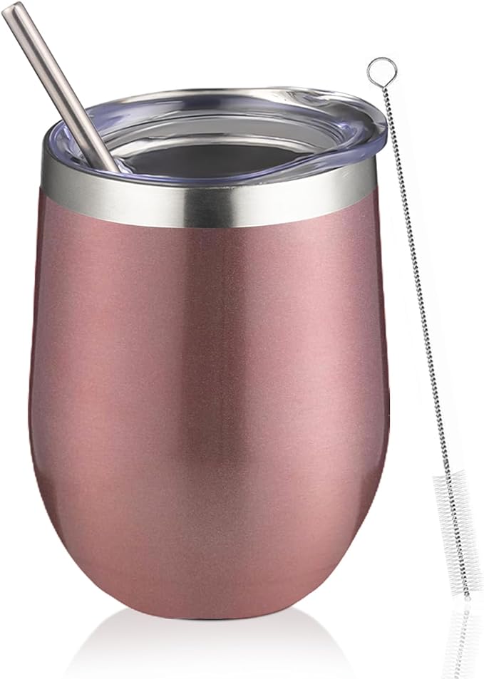 12oz Wine Tumbler with lid, Stainless Steel Travel Mugs Stemless Double Wall Insulated Coffee Cup, Insulated Wine Glasses Travel Tumbler for Cold & Hot Drinks(Rose Gold, 1)