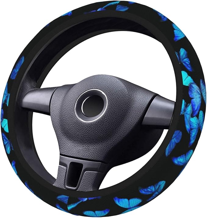 Blue Butterfly Steering Wheel Cover for Women Men Girls, Car Accessories Decor Thickened Anti-Slip Auto Steering Wheel Covers Protector Universal Fit 15 Inch for Cars, Truck, SUV