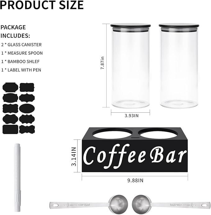 ZOMUIA Rustic Modern Black 2PCS Small 44oz Coffee Storage Jars with Shelf, 2Pcs 1.295L Airtight Glass Coffee Containers, Coffee Canisters, Food Storage Jars