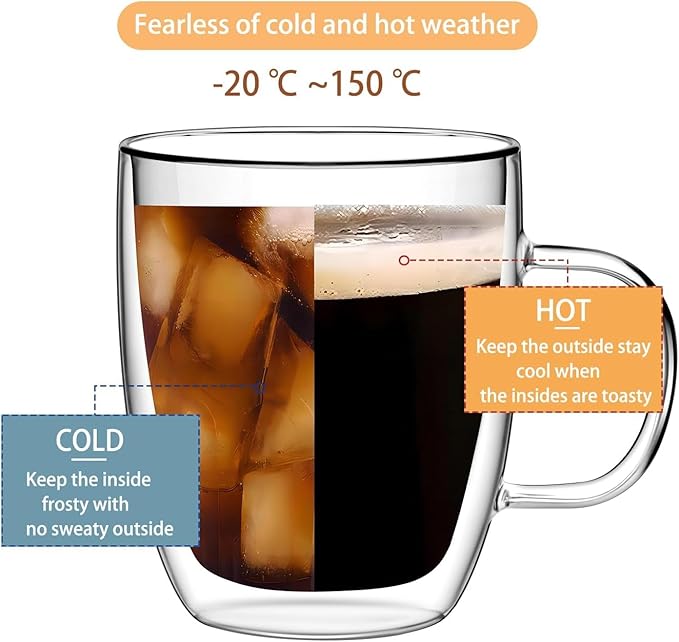 Double Wall Glass Coffee Mugs 350ml / 12oz – Set of 2 Insulated Clear Cups for Espresso, Latte, Cappuccino, Tea, Hot or Cold Drinks (15oz set of 4)