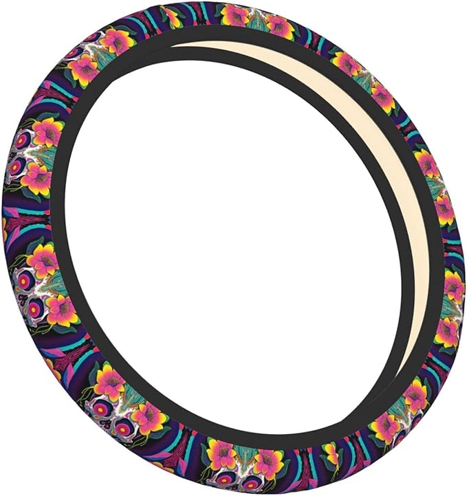 Psychedelic Pot Leaf Skull Floral Universal Fit Steering Wheel Cover for Car, Truck, and SUV, Durable Steering Wheel Protection