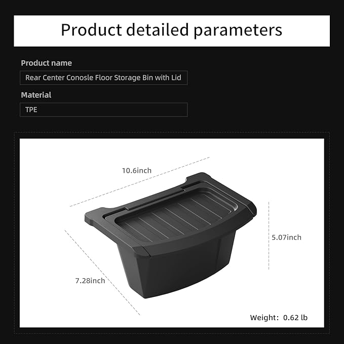 Rear Center Console Floor Storage Organizer Box for Tesla Model Y Juniper 2025 2026,Black TPE Car Accessory with Anti-Slip Lid,Backseat 2nd Row Seat Organizer Bin