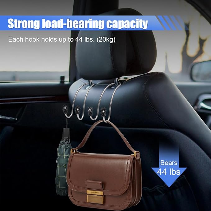 2PCS Car Headrest Hook Hangers, Bling Stainless Steel Car Backseat Holder, Strong Car Headrest Storage Hooks, Universal Car Organizers Accessories for Coats Umbrellas Grocery Handbags (Black)