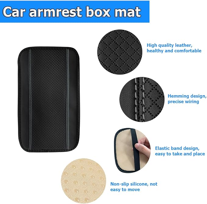 Armrest Pad for Car, PU Leather Auto Center Console Cushion Mat, Four Seasons Automotive Armrest Seat Box Cover, Universal Vehicle Interior Accessories for SUV, Truck, Van (Black/Gray)