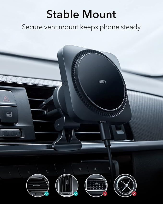 ESR for MagSafe Car Mount Charger with CryoBoost, Magnetic Wireless Car Charger, for MagSafe Car Charging, for iPhone 17e/17/16/15/14/13/12, S26/S25, Fast Phone Cooling Charging Set,36W QC 3.0 Adapter