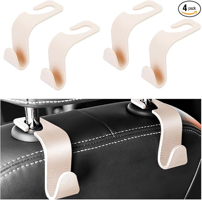 HZEL Car Seat Headrest Hook, 4PCS Vehicle Back Seat Hanger Hook for Purse Coat Umbrella, Multifunctional Auto Interior Storage Organizer Accessories, Universal for SUV RV Truck (Beige)