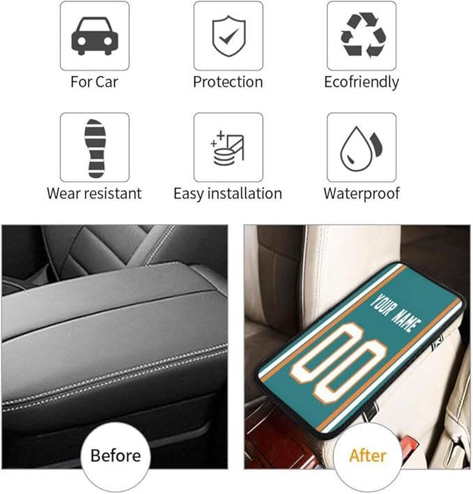 Custom Car Armrest Cover,Add Personalized Name and Number As Gifts for Loyal Football Fans,American Football Auto Center Console Pad Car handrail Box Cushion,Fit for Most Car Seat Box Cover Protector