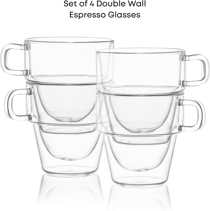 JoyJolt Stoiva Double Wall Insulated Espresso Glass Cups – 5 oz. (150 ml) Shot Cup with Handle – Stackable Thermal Clear Glass Cups, Fit for Espresso Machine and Coffee Maker – Set of 4