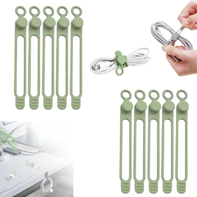 Silicone Cable Ties, Data Cable Organizer Reusable Cable Management Organizer, Multipurpose Elastic Cord Organizer for Bundling and Fastening Cable Cords Wires for Travel/Office/Home (Matcha, 10Pack)