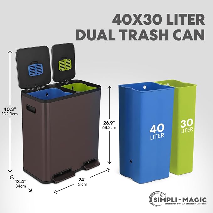 SIMPLI-Magic 18.5 Gallon (70L) Dual Compartment Kitchen Trash Can - Hands-Free Step Pedal, Soft-Close Lid, Stainless Steel Recycling Bin with Odor Filter (40L + 30L)