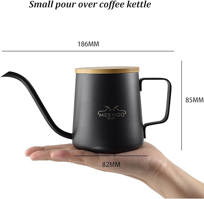 MERMOO YILAN Pour Over Coffee Kettle 12oz, Gooseneck, Wooden Lid, Precision Pouring,Single Serving, Sturdy Thicken 304 Stainless Steel, Dishwasher Safe, for Home, Camping, Travel, Office（black)