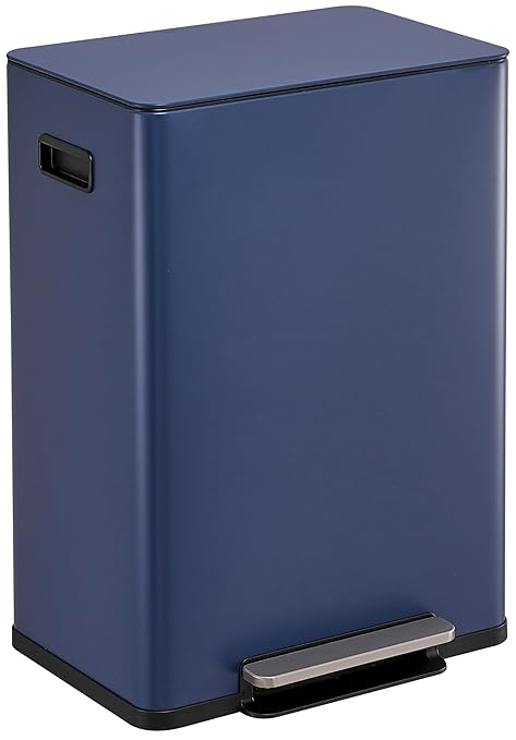 Simpli-Magic Infinity Edge 60 Liter / 16 Gallon Rectangular Hands-Free Extra Large Kitchen Step Trash Can, Soft-Close Single Lid Recycling Bin, Stainless Steel, Blue, 79683