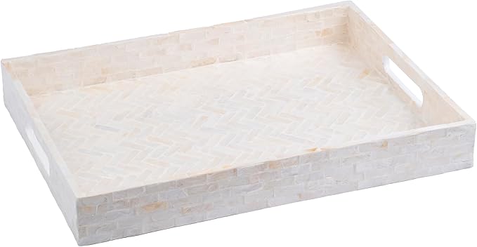 PEMAR Handmade Capiz Shell Decorative Serving Tray – Mother of Pearl Finish Herringbone Mosaic Rectangular Tray with Handles, 15.74 x 11.8 x 2 in, for Coffee Table & Home Decor